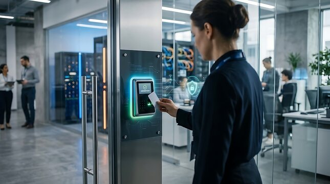 Businesswoman uses access card for secure entry into modern office data center