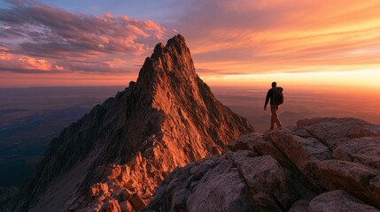 Naklejka premium Dramatic ascent on a rocky peak with a determined hiker at sunset