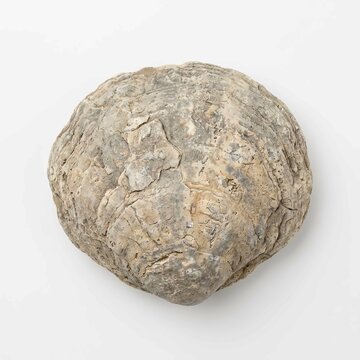 Textured natural stone fossil isolated on plain white background showing intricate layers and weathered organic patterns from ancient geological time periods