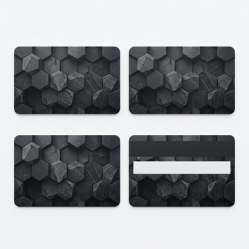 Black marble credit card mockup set, 4 plastic bank cards with 3D hexagon texture, premium dark geometric debit card design