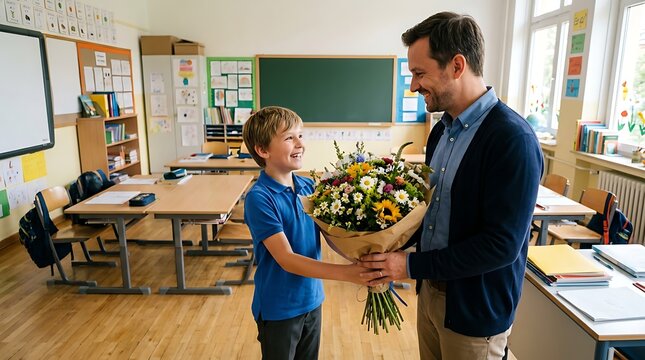 Happy student giving bouquet of flowers to teacher in school