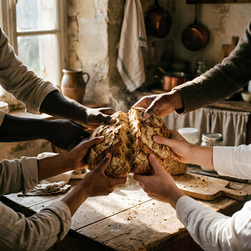 Hands Breaking Fresh Bread Together in Rustic Kitchen