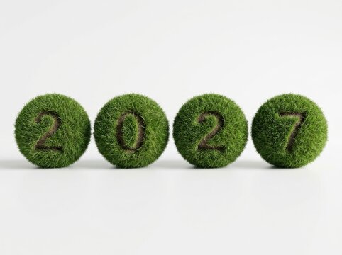 Year 2027 represented by four spherical grass balls with numbers carved into them, isolated on white background