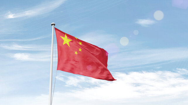 China national flag waving in sky.