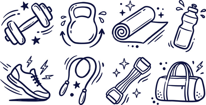 Hand drawn fitness and gym doodles vector set featuring dumbbell kettlebell and training equipment isolated
