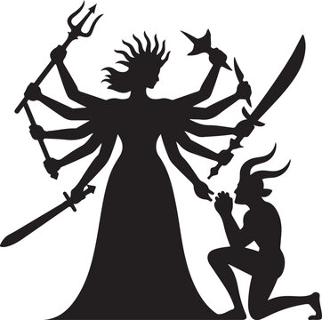 Silhouette of a multiarmed goddess standing with a kneeling horned figure on white background
