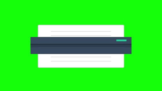 Minimalist flat design illustration of a digital document scanning process with a dark blue scanning bar and cyan light effect over a white paper icon on a green screen background.