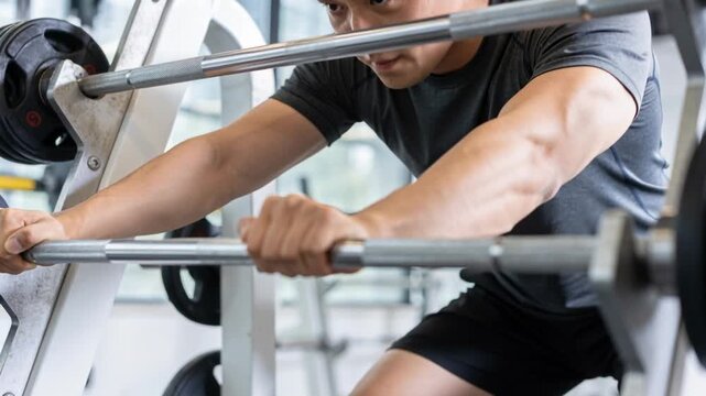 Bracing weightlifter wearing grey shirt, adjusting grip with barbell resting at gym, prepping lift