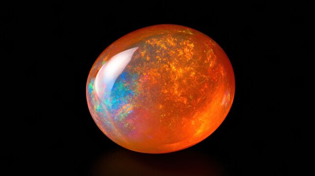 Bright fire opal displays warm colors with flashes on a dark smooth backdrop providing space for design or text elements.