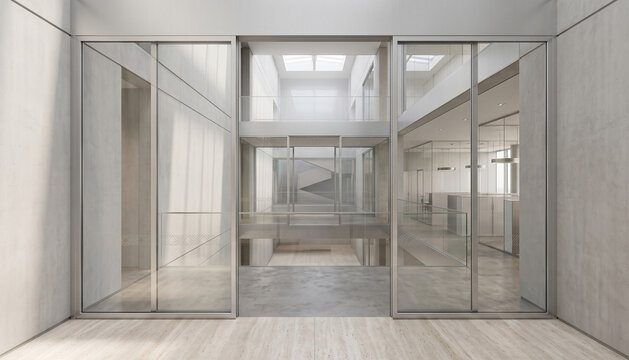 A modern architectural interior with large glass doors, sleek concrete walls, and ample natural light illuminating open spaces and minimalistic design.