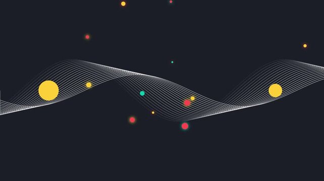 Futuristic motion graphic with glowing spheres and flowing wave line patterns.