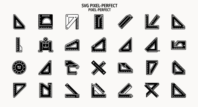 Set of black and white rulers and triangles icons. Pixel perfect vector illustration of measuring tools for design.