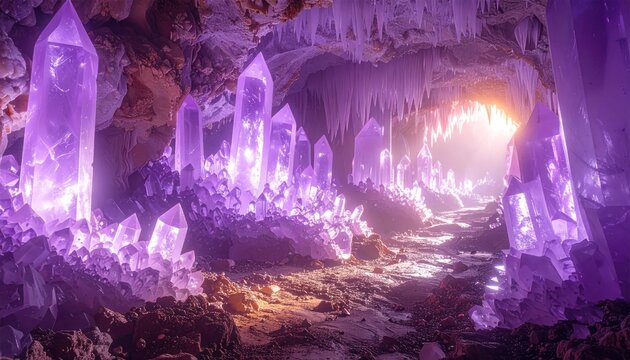 Underground cavern filled with large glowing purple amethyst crystals.