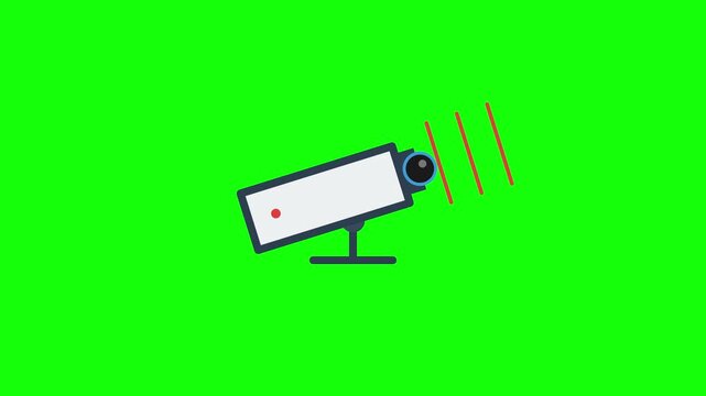 Flat vector illustration of a modern security camera with a red recording indicator light on a stand, isolated on a bright green background for chroma key compositing.