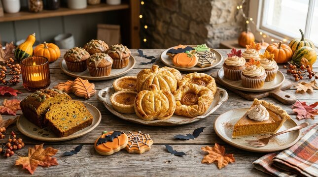 Assorted pumpkin treats and autumn desserts on a wooden table