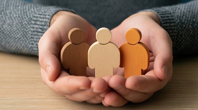 Diversity and inclusion concept with human hands holding wooden figures representing equality unity and community