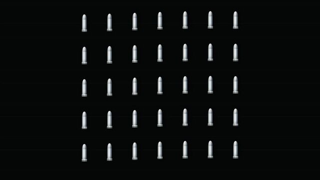 Metallic bullets arranged in a precise grid over a black background