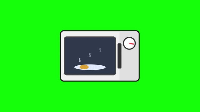 Flat vector illustration of a white microwave oven with a fried egg cooking inside on a green screen background. Features a circular timer dial and stylized steam rising from the warm food.