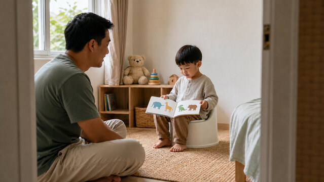 Father Supporting a Fully Dressed Toddler Reading During a Calm Toilet Learning Routine