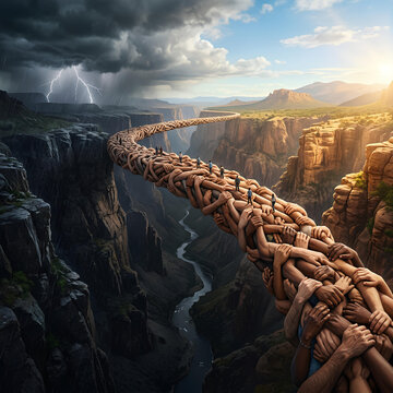 Humanitys United Bridge Over Canyon Overcoming Stormy Challenges
