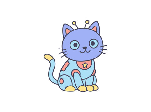 Cute cartoon alien cat with antennae and star emblem sitting on a white background.