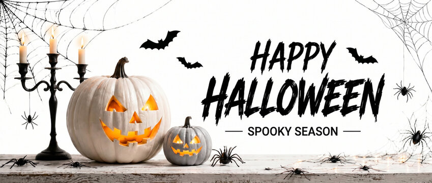 Happy Halloween Spooky Season with White Jack O'Lanterns, Candelabra, Spiders and Spider Web on White Background. Halloween banner
