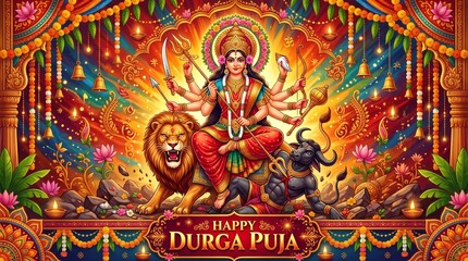 Obraz premium Happy durga puja greeting with goddess durga slaying mahishasura on lion