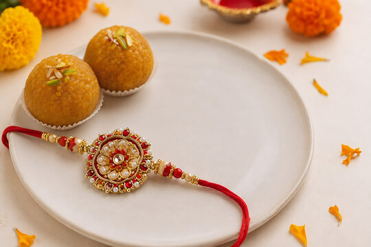 Single handcrafted rakhi placed beside two ladoos 