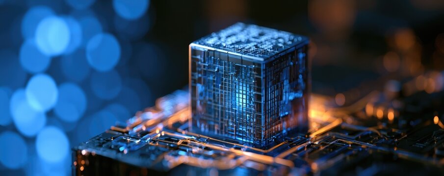 A glowing blue cube sits on a circuit board, with blurred lights in the background