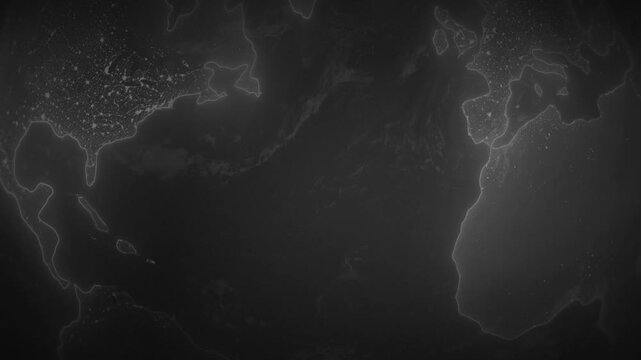 A dimly lit world map highlighting major continents and illuminated cities, suggesting global connectivity and progress
