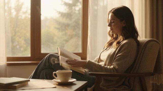 Horizontal video of a relaxed young woman reading a book in an armchair by a sunny window with a steaming cup of tea 