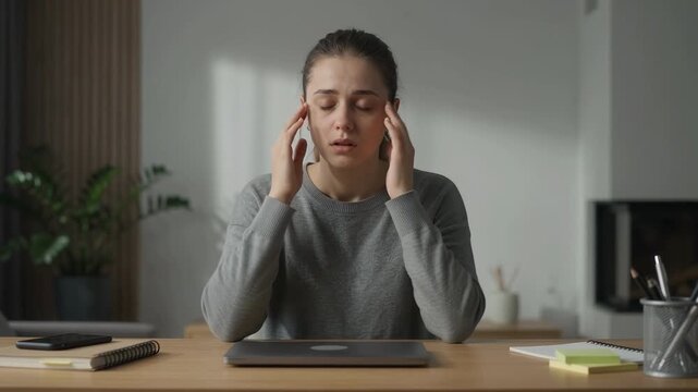 Horizontal video of a tired exhausted young woman closing her laptop and massaging her temples in pain at desk
