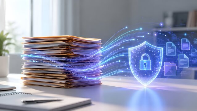 Office desk with physical paper folders transforming into secure digital files protected by a glowing neon shield and padlock representing paperless digital transformation.