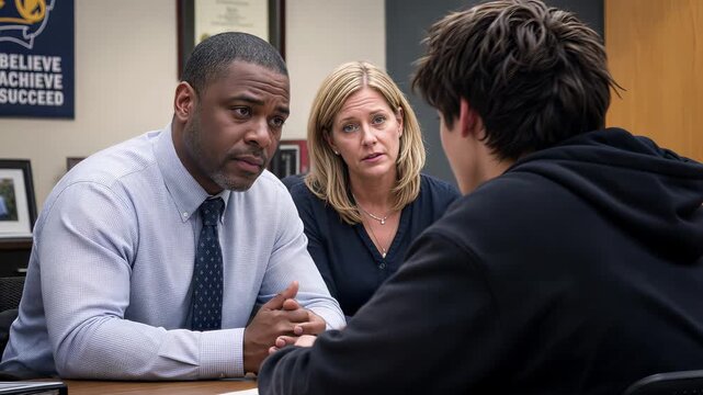 School principal and concerned mother talking to teenage student in office. Discipline meeting and academic intervention for high school boy. Panning and tilting camera movement.