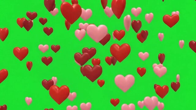 Floating Red and Pink Heart Shapes Falling on Bright Green Screen Background, Love, Romance, Valentine's Day, Celebration and Emotional Animation