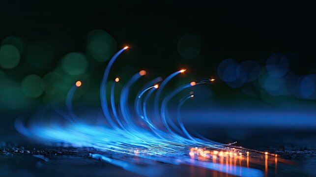 Close-up of glowing blue and orange light trails on a dark background
