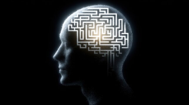 Side view head silhouette with brain visualized as glowing maze circuit, neon gradient lighting, and floating light particles against a dark minimal background