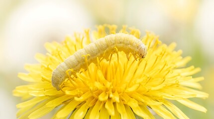 Naklejka premium Small caterpillar crawling on a bright yellow dandelion flower