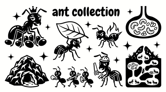 ant species featuring worker ants queen ants fire ants carpenter ants leafcutter ants anthills and colony elements vector illustration set for biology entomology wildlife nature education