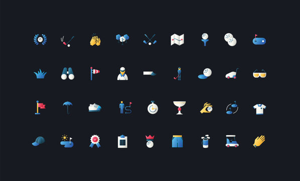 Gradient flat style icons set with golf equipment, player actions, tournament symbols, course elements, and accessories on dark UI background vector illustration.