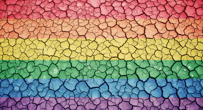 Vibrant rainbow spectrum overlaid on a deeply cracked earth texture, representing strength, unity, and environmental themes