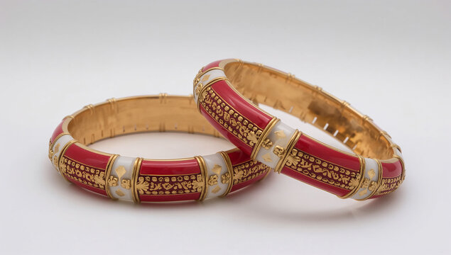 Traditional indian red and gold jewelry bangles with traditional ornament accessory bracelet wearable precious celebration handmade isolated background elegance decorative feminine