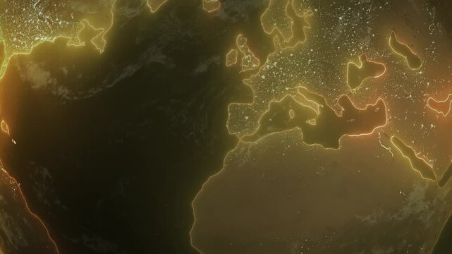 A glowing map of the Earth seen from space, with continents illuminated by an orange light and the dark expanse of the ocean stretching between them.