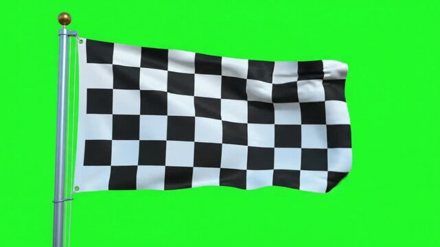 Waving Black and White Checkered Racing Flag on Green Screen Background, Motorsport Victory, Competition, Finish Line and Racing Event Animation
