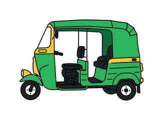 Fototapeta premium Green and yellow auto rickshaw illustration on a clean white background