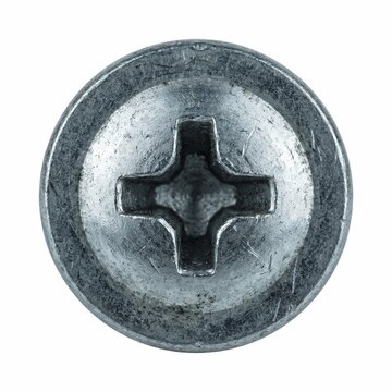 Industrial steel screw head showing detailed cross drive pattern isolated on white background with metallic texture and sharp lighting focus