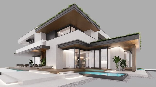 4K video rendering of two-story house with parking and pool for sale or rent with concrete facade. In the evening. Isolated on gray