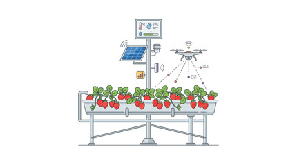 Fototapeta premium Smart Farming Technology: Drone Monitoring Strawberry Cultivation