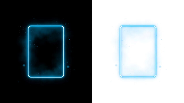 Glowing cyan neon rectangle frame with soft light particles on black and white backgrounds