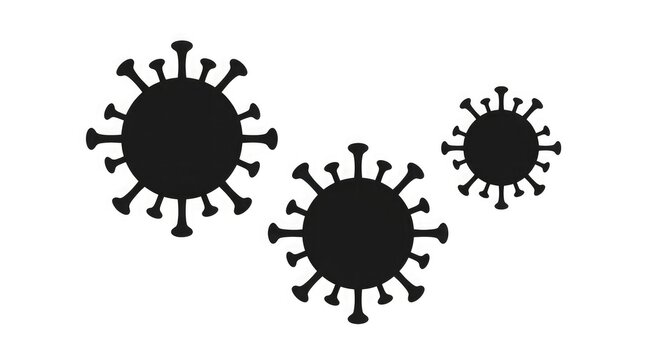 Black and white illustration of coronavirus cells depicting disease and infection on a white background
